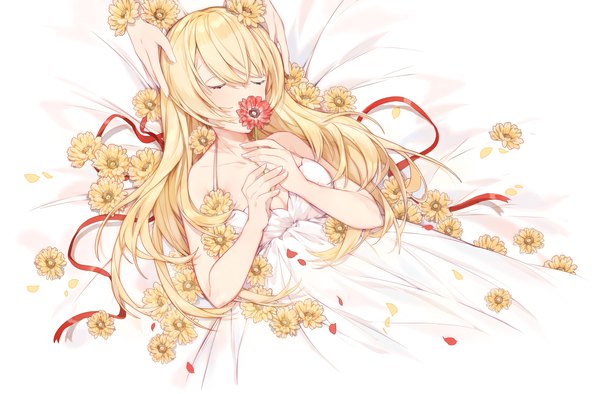 Anime picture 2376x1564 with vocaloid donor song (vocaloid) miyuki (miyuki0529) long hair fringe highres blonde hair hair between eyes bare shoulders holding lying eyes closed solo focus sleeping covered mouth girl dress flower (flowers) petals white dress