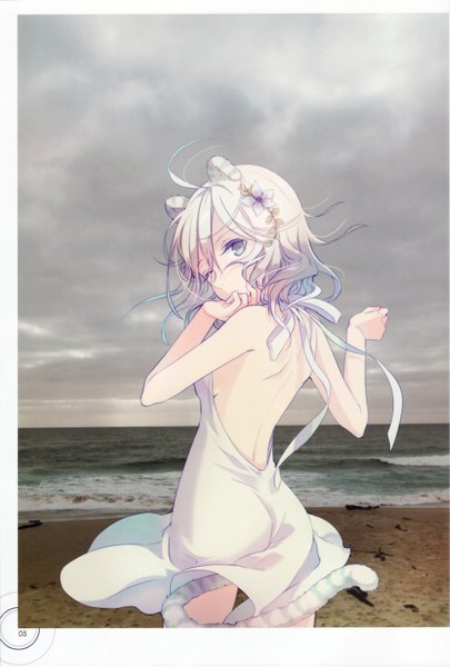 Anime picture 2044x3025 with original h2so4 single long hair tall image highres blue eyes standing bare shoulders animal ears sky cloud (clouds) white hair tail eyes closed animal tail one eye closed looking back hair flower wind