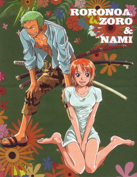 Anime picture 1921x2479 with one piece toei animation nami (one piece) roronoa zoro tall image highres short hair open mouth brown eyes barefoot green hair scan orange hair open clothes open jacket bare legs scar girl boy flower (flowers)