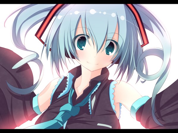 Anime picture 1600x1200 with vocaloid hatsune miku sukage single simple background white background twintails very long hair aqua eyes aqua hair letterboxed face girl detached sleeves necktie headphones