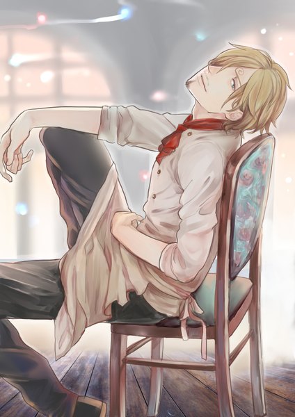Anime picture 1233x1744 with one piece toei animation sanji yuu (1969loy) single tall image looking at viewer fringe short hair open mouth blonde hair sitting aqua eyes light smile hair over one eye boy shoes apron pants chair