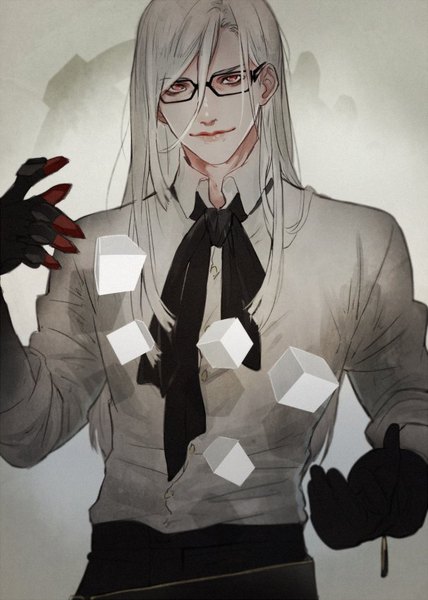 Anime picture 607x850 with nier nier:automata adam (nier automata) saito yukihiro single long hair tall image looking at viewer simple background hair between eyes red eyes standing upper body white hair light smile boy gloves shirt black gloves glasses