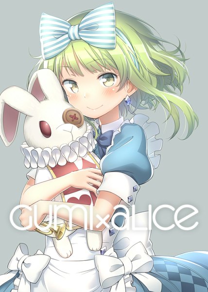 Anime picture 800x1122 with alice in wonderland vocaloid gumi alice (wonderland) white rabbit kuinji 51go tall image blush short hair simple background smile brown eyes payot green hair grey background hug cosplay dress bow hair bow