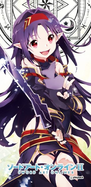 Anime picture 449x922 with sword art online a-1 pictures yuuki (sao) playback (artist) single long hair tall image open mouth smile red eyes signed purple hair ahoge pointy ears inscription copyright name hieroglyph victory girl gloves