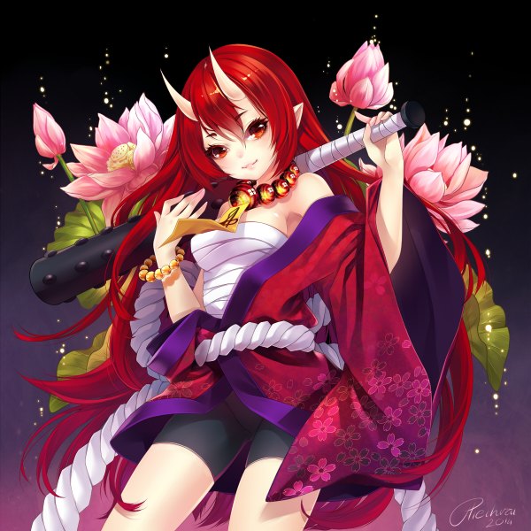 Anime picture 1200x1200 with original hieihirai single long hair blush smile red hair traditional clothes japanese clothes horn (horns) lips pointy ears orange eyes oni horns girl flower (flowers) weapon bandage (bandages) rope water lily