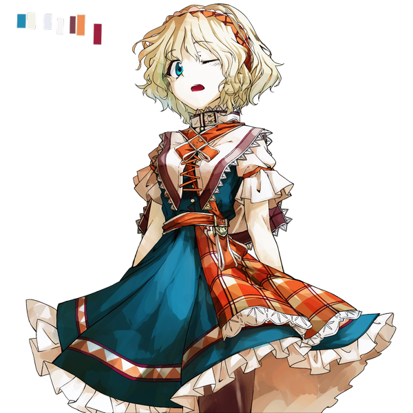 Anime picture 1024x1024 with touhou alice margatroid geppewi single short hair open mouth blue eyes blonde hair one eye closed wink transparent background girl dress bow hair bow hairband