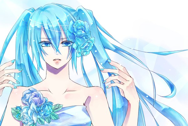 Anime picture 2218x1500 with vocaloid hatsune miku single long hair highres blue eyes simple background twintails bare shoulders blue hair nail polish hair flower girl hair ornament flower (flowers)