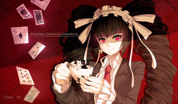 Anime picture 1200x700 with dangan ronpa monokuma celestia ludenberg hews single looking at viewer black hair wide image very long hair pink eyes drill hair girl dress headdress bell jingle bell cup card (cards)