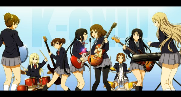 Anime picture 1400x750 with k-on! kyoto animation akiyama mio hirasawa yui nakano azusa kotobuki tsumugi tainaka ritsu hirasawa ui suzuki jun shian (my lonly life.) long hair short hair blue eyes black hair blonde hair brown hair wide image twintails multiple girls brown eyes