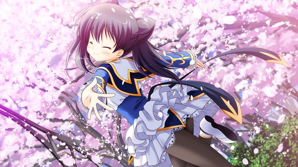 Anime picture 1280x720 with princess-style ichinomiya ayame yuyi single long hair blush black hair smile wide image twintails game cg outdoors eyes closed loli cherry blossoms spread arms ^ ^ girl uniform plant (plants)