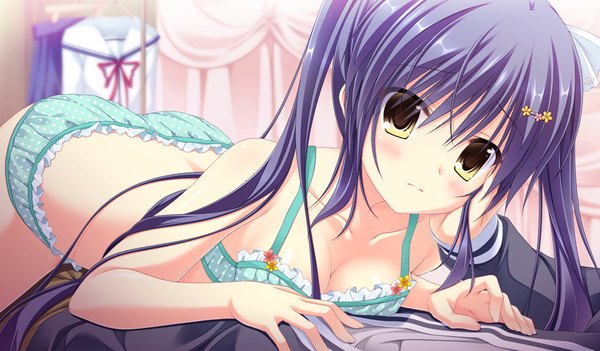 Anime picture 1024x600 with da capo iii rukawa sara takano yuki (allegro mistic) long hair looking at viewer blush light erotic wide image twintails yellow eyes blue hair game cg underwear only girl underwear panties lingerie bra