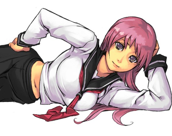 Anime picture 1134x900 with the king of fighters snk asamiya athena yuuji (and) single long hair looking at viewer breasts simple background large breasts white background brown eyes pink hair lying light smile hand on hip girl navel serafuku