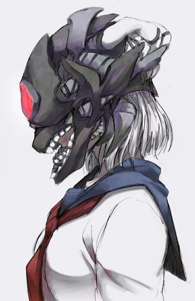 Anime picture 750x1156 with kantai collection ru-class battleship yanagida single tall image highres short hair open mouth simple background smile white background white hair profile shinkaisei-kan girl ribbon (ribbons) mask sailor suit helmet creature