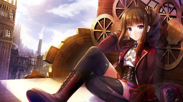 Anime picture 1920x1080 with idolmaster idolmaster million live! yokoyama nao ro risu single long hair looking at viewer blush fringe highres brown hair wide image sitting purple eyes payot cloud (clouds) bent knee (knees) outdoors blunt bangs sunlight