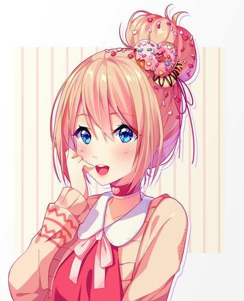 Anime picture 810x1000 with original hyanna-natsu single tall image blush fringe short hair open mouth blue eyes simple background blonde hair smile hair between eyes white background looking away teeth portrait happy hand on face striped background