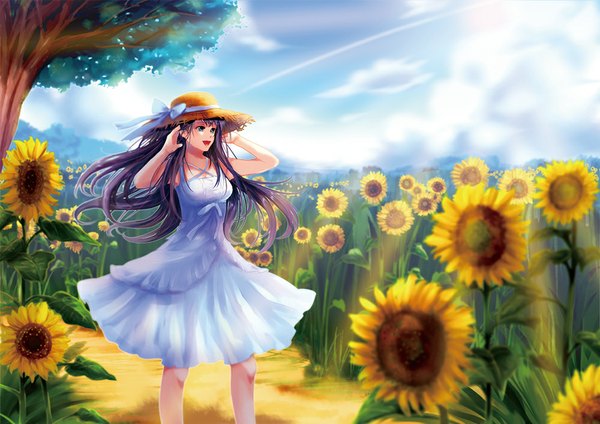 Anime picture 1000x707 with original karo karo long hair open mouth blue eyes black hair looking away cloud (clouds) plant (plants) hat tree (trees) sundress sunflower