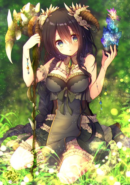 Anime picture 999x1412 with original azu torako single long hair tall image looking at viewer blush fringe breasts open mouth blue eyes black hair hair between eyes sitting signed cleavage outdoors braid (braids) horn (horns) single braid