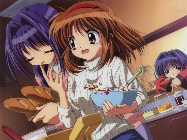 Anime picture 1600x1200 with kanon key (studio) tsukimiya ayu minase nayuki minase akiko multiple girls visualart girl food 3 girls bread