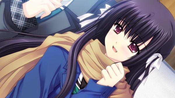 Anime picture 1280x720 with world wide love! (game) hananomiya ako nishimata aoi single long hair black hair red eyes wide image game cg girl scarf