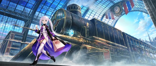 Anime picture 2842x1218 with kenja no deshi wo nanoru kenja fuzichoco single long hair highres blue eyes smile wide image twintails looking away sky cloud (clouds) white hair girl thighhighs dress white thighhighs boots clock train
