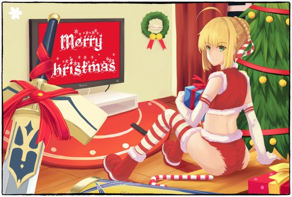 Anime picture 1748x1181 with fate (series) fate/stay night type-moon artoria pendragon (all) saber yurix single highres short hair blue eyes blonde hair sitting inscription christmas merry christmas girl thighhighs gloves weapon sword