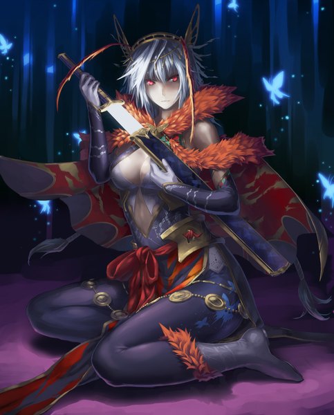 Anime picture 825x1025 with original mismi single tall image fringe short hair breasts red eyes sitting looking away silver hair glowing glowing weapon girl weapon sword boots fur insect butterfly