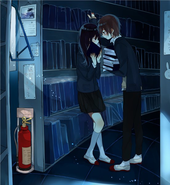 Anime picture 850x925 with original suzukiko long hair tall image blush short hair black hair smile brown hair standing holding bent knee (knees) indoors arm support embarrassed eye contact girl boy uniform school uniform