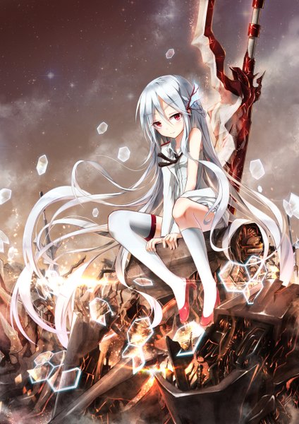 Anime picture 900x1274 with original bae.c single tall image red eyes sitting white hair very long hair girl thighhighs hair ornament weapon white thighhighs sword socks white socks