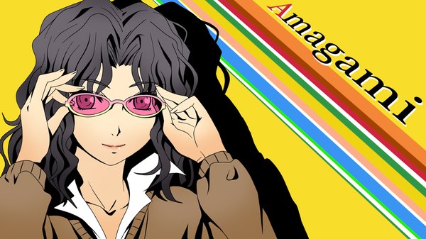Anime picture 1000x563 with persona 4 amagami tanamachi kaoru makisige (artist) single long hair black hair wide image brown eyes girl uniform school uniform glasses sweater