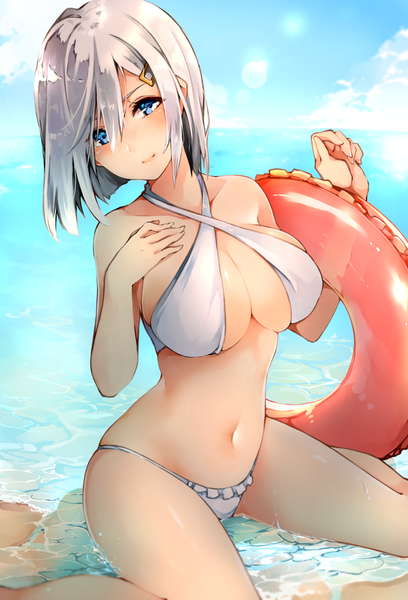 Anime picture 1200x1765 with kantai collection hamakaze destroyer akit (15jamjam) single tall image looking at viewer blush fringe short hair breasts blue eyes light erotic smile large breasts sitting bare shoulders holding sky silver hair cloud (clouds)