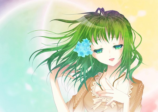 Anime picture 1130x800 with vocaloid gumi single long hair open mouth green eyes hair flower green hair girl dress hair ornament flower (flowers)
