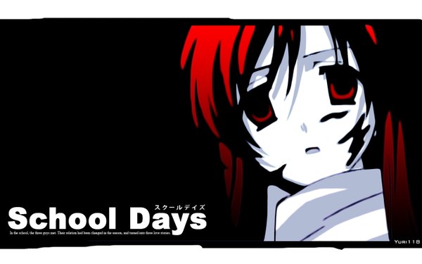 Anime picture 1440x900 with school days katsura kotonoha long hair black hair red eyes wide image red hair black background girl blood