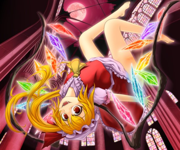 Anime picture 1200x1000 with touhou flandre scarlet alucard454 single long hair open mouth blonde hair red eyes barefoot legs falling red moon girl wings crystal