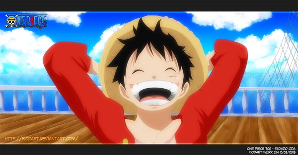 Anime picture 2299x1200 with one piece toei animation monkey d. luffy piodanilo single highres short hair open mouth black hair wide image sky cloud (clouds) eyes closed inscription coloring scar arms behind head laughing boy hat