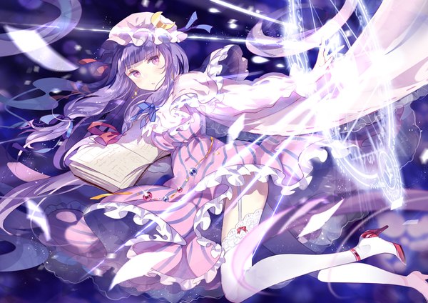 Anime picture 1414x1000 with touhou patchouli knowledge domotolain single long hair fringe light erotic purple eyes looking away purple hair blunt bangs high heels outstretched arm magic tress ribbon girl thighhighs ribbon (ribbons) hair ribbon hat