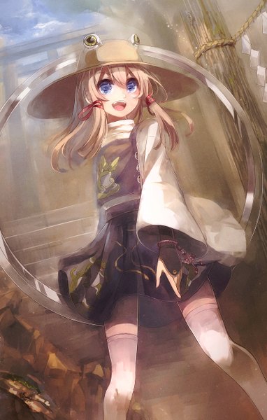 Anime picture 800x1256 with touhou moriya suwako 60mai single long hair tall image fringe open mouth blue eyes blonde hair looking away sky bent knee (knees) wide sleeves zettai ryouiki happy girl thighhighs hat white thighhighs