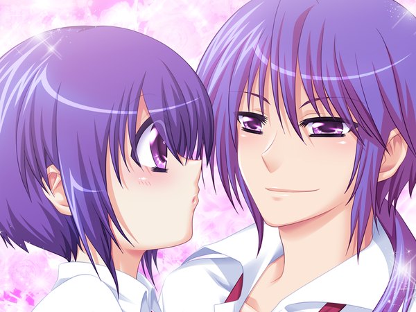 Anime picture 1024x768 with futari wa my angel long hair blush short hair smile purple eyes blue hair game cg couple girl boy