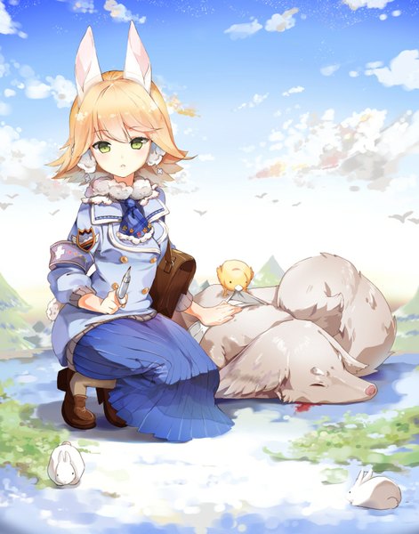 Anime picture 1280x1628 with original anmi single tall image short hair blonde hair green eyes animal ears sky tail bunny ears squat bunny tail nature girl earrings animal bird (birds) jewelry bag