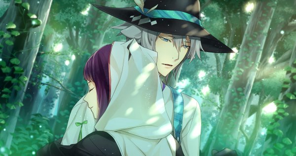 Anime picture 1280x678 with beyond the future nate su-ru-ya lilith (beyond the future) long hair fringe short hair open mouth smile wide image green eyes animal ears purple hair eyes closed grey hair scan couple hug looking down landscape girl