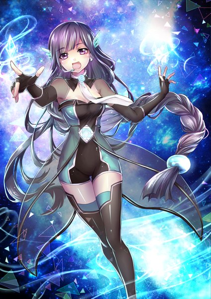 Anime picture 2480x3507 with vocaloid alys (vocaloid) ten-chan (eternal-s) single tall image fringe highres open mouth standing purple eyes looking away purple hair braid (braids) very long hair single braid spread arms singing girl thighhighs gloves