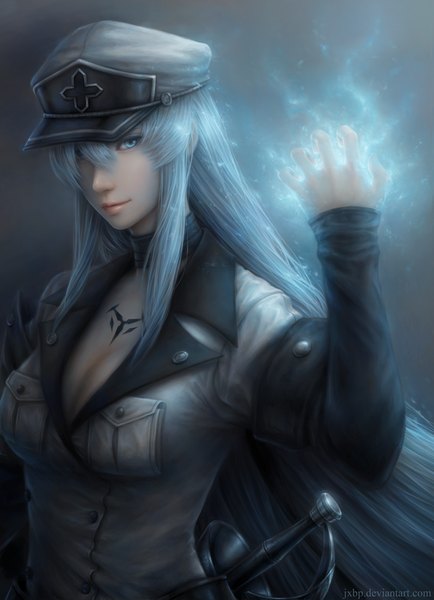 Anime picture 797x1100 with akame ga kill! white fox esdeath jxbp single long hair tall image looking at viewer fringe blue eyes blue hair cleavage hair over one eye realistic tattoo watermark sheathed glow girl uniform