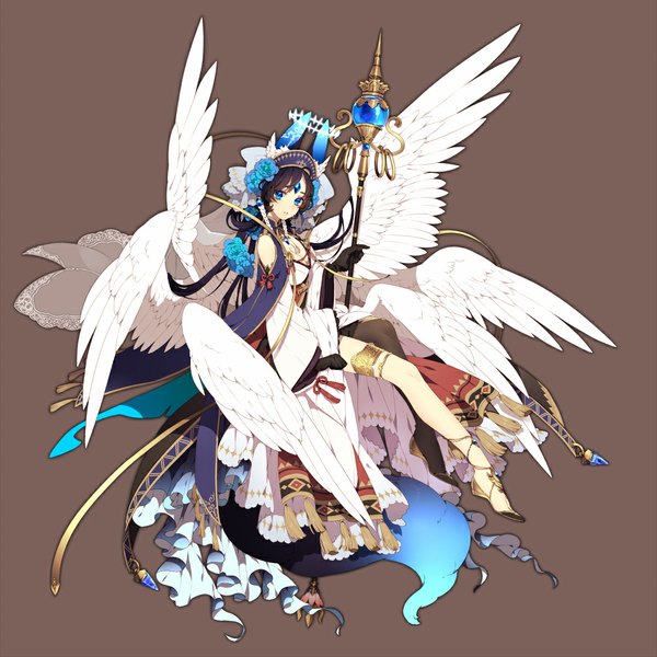 Anime picture 1000x1000 with original ni02 (asahi nini) single long hair looking at viewer blush blue eyes black hair simple background bare shoulders long sleeves parted lips wide sleeves alternate costume alternate hairstyle white wings brown background multiple wings girl thighhighs