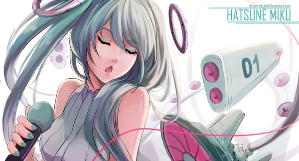 Anime picture 1169x631 with vocaloid hatsune miku dream-of-abell single long hair open mouth wide image bare shoulders eyes closed aqua hair singing girl microphone