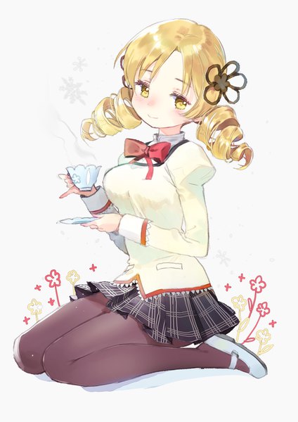 Anime picture 1000x1416 with mahou shoujo madoka magica shaft (studio) tomoe mami macciatto (aciel02) single tall image looking at viewer short hair blonde hair white background sitting twintails yellow eyes full body light smile drill hair wariza short twintails steam pinky out