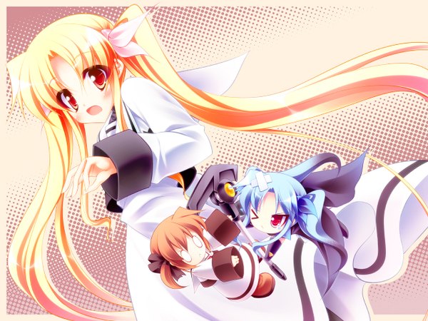 Anime picture 1280x960 with mahou shoujo lyrical nanoha fate testarossa blonde hair red eyes brown hair twintails blue hair chibi battle o o girl