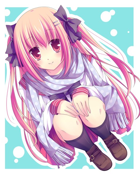 Anime picture 2500x3144 with original ringonotane (muku) single long hair tall image looking at viewer highres smile red eyes sitting pink hair two side up girl uniform hair ornament bow hair bow socks serafuku shoes