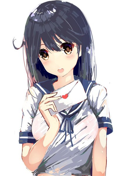 Anime picture 818x1157 with kantai collection taigei light aircraft carrier gin00 single long hair tall image looking at viewer fringe breasts open mouth black hair simple background hair between eyes white background brown eyes upper body head tilt short sleeves girl uniform
