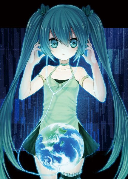 Anime picture 1296x1812 with vocaloid hatsune miku midorikawa you long hair tall image blue eyes twintails blue hair girl headphones wire (wires) planet earth