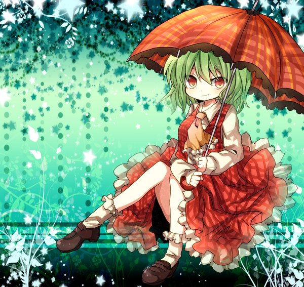 Anime picture 1277x1208 with touhou kazami yuuka mari audio (artist) short hair smile red eyes green hair girl dress star (symbol) umbrella