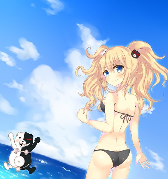 Anime picture 1500x1600 with dangan ronpa enoshima junko monokuma nirata ni fumihiko single long hair tall image blush blue eyes light erotic blonde hair smile girl hair ornament swimsuit sea toy stuffed animal